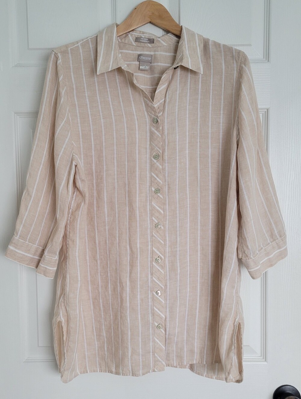 Chico's Beige and White 100% Linen Striped Button-Front Tunic Shirt